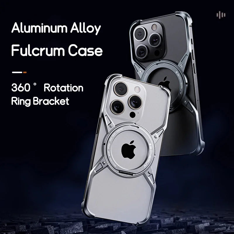Magnetic Metal Aluminium Alloy Frameless Phone Case For iPhone 14 13 15 Pro Max 360° Stand Rimless Bumper Shockproof Metal Cover
