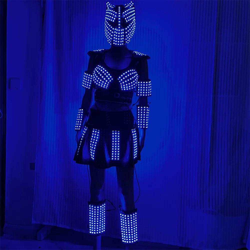 Cool RGB Led Women&#39;s Costume Light Up Wedding Dress Party Skirt DJ Sexy Bra Shoulder Underdress Performance Mask With Long Hairs