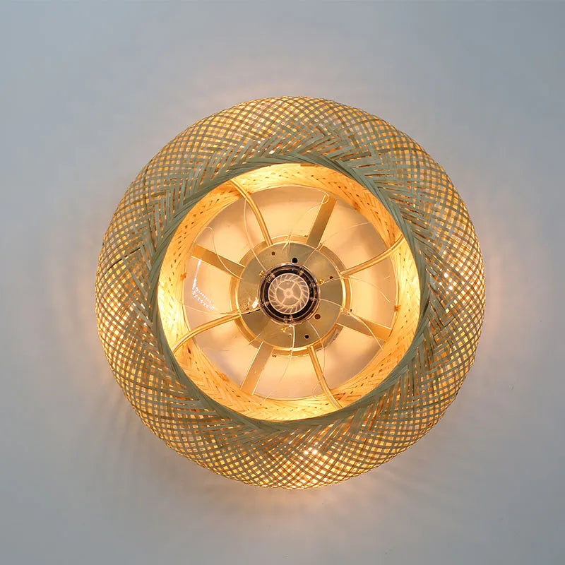 Creative Ceiling Fan with Light Retro Handmade Bamboo Rattan Invisible Fan Lights Modern Ceiling Lamp Inverter Fan Bedroom B&amp;B