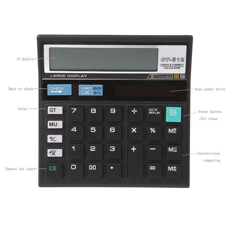12-Digit Solar Battery Dual Power Large Display Office Desktop Calculator CT-512 - Stereotech