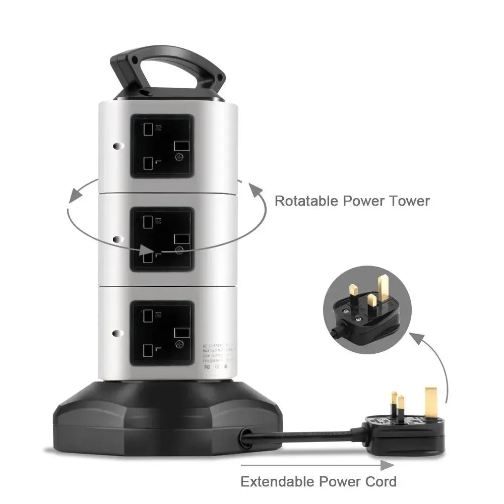 Melery Vertical Power Strip Surge Protector Tower Layer Outlet UK Electric Plug Socket USB Charger 3m Extention Cord Office Home