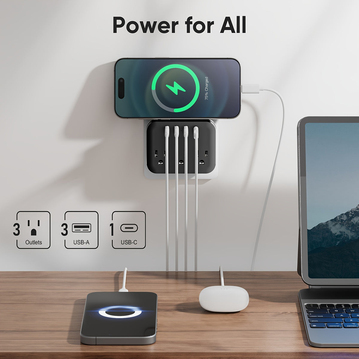 7-in-1 Multi Plug Outlet Extender With USB, Electrical Wall Outlet Splitter With 4 USB Ports (1 USB C) And 3 Outlet, Wall Charger Adapter Power Strips For Office, Bedside, Travel