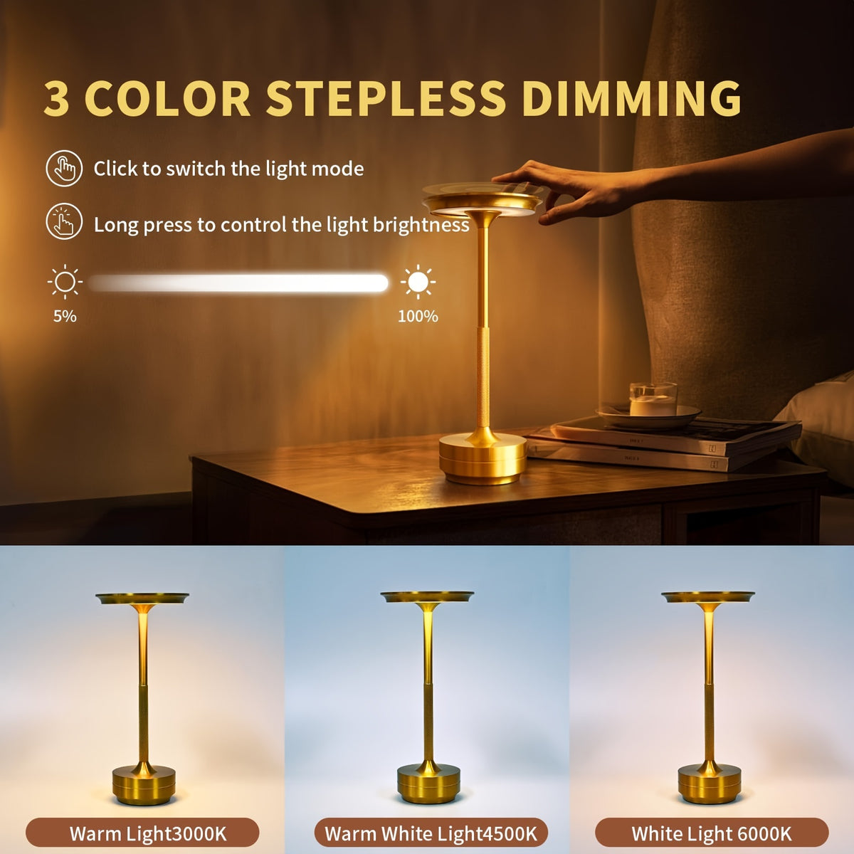 Touch-Sensitive LED Reading Lamp - Rechargeable, Wireless, Dimmable, and Adjustable - Perfect for Bedroom, Restaurant, Hotel, Bar, and Office Decor