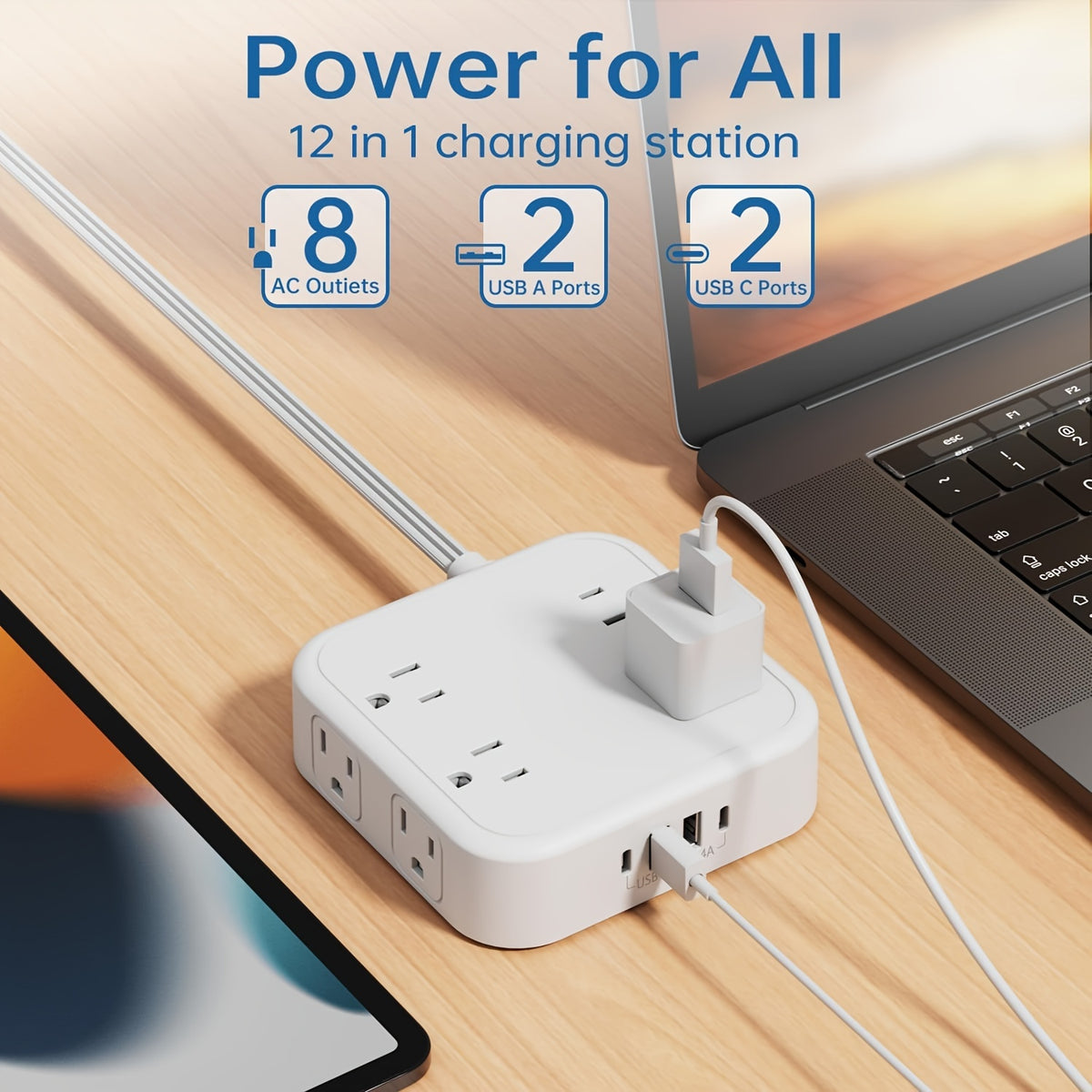 USB Charger Surge Protector 12 Outlet Extender with 4 USB Charging Ports (2 USB C Outlet) 3 Sided 1800J Power Strip Multi Plug Outlet Extender for Home Travel Office ETL Listed