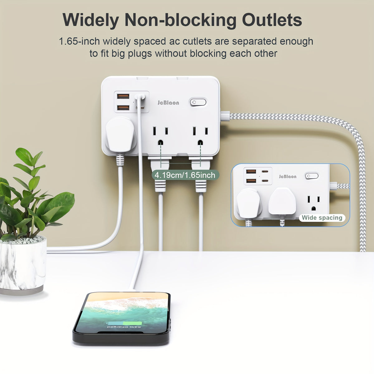 Flat Plug Power Strip Surge Protector - 6 Standard Outlets, 4 USB Charger (2 USB C), 5 Ft Braided Extension Cord, Rectangle, Mountable with On/Off Switch, 110V-130V, US Plug, Wall Mount for Office, School, Dorm, White