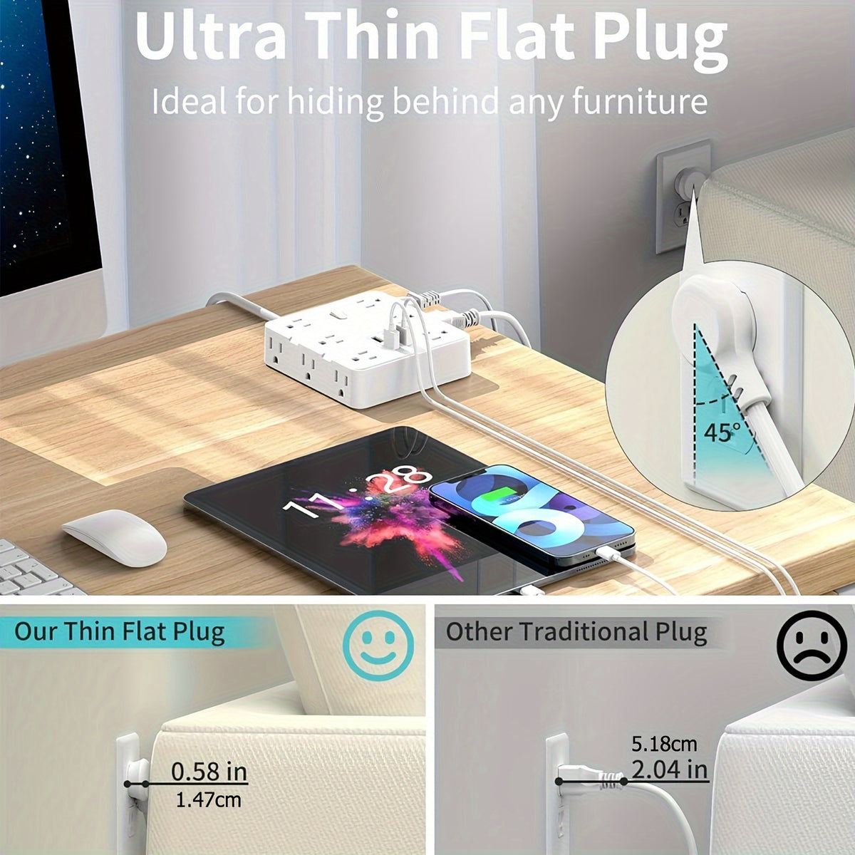 Power Bar Surge Protector - 5 ft Flat Plug Extension Cord with 4 USB Ports, 2100 Joules, Wall Mount, Desk Charging Station for Home Office Dorm, White