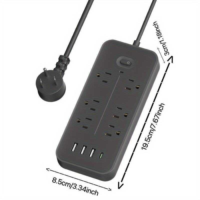 1pc 10-in-1 Power Adapter With 3 USB Outlets, 1 Type-C Outlet And 6 AC Socket Outlets. A Wall Socket, With Surge Protector, Easy To Carry, 4.5-foot Extension Cable, Suitable For Home, Office And Travel