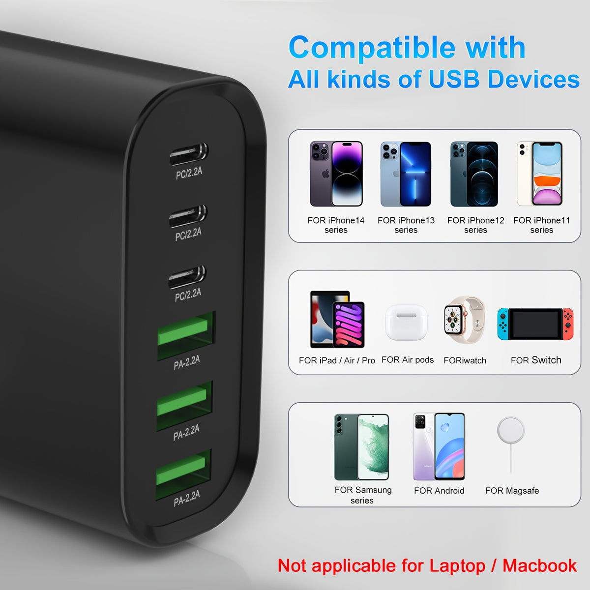 6 Port 100W USB C Charging Station - Portable PD Fast Wall Charger with 3 USB C and 3 QC USB A Ports for iPhone 5/14/13/12 and Samsung Galaxy Note