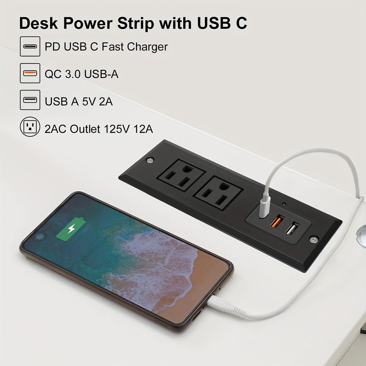 Type-C Conference Recessed Power Strip with 20W PD Fast Charging USB-C, 2 Outlets, 2 USB-A Ports &amp; 1 USB-C Port for Office Meeting Desk