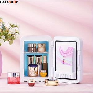 BALASHOV Mini Refrigerator and Personal Beauty Fridge, With Dimmable LED Mirror (4 Liter/6 Can), Cooler and Warmer, for Refrigerating Makeup, skincare and Food, Mini Fridge for Bedroom, Office and Car