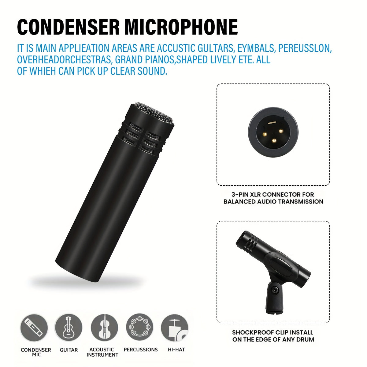 Condenser Instrument Microphone Drum Shaped Instrument Megaphone With Clamp Mount Cardioid Mic For Stage Performance