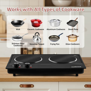 Cusimax 1800W Infrared Ceramic Electric Hot Plate For Cooking, Portable Countertop Burner Glass Heating Plate With 2 Knob Control, Stainless Steel Electric Stove, Easy To Clean
