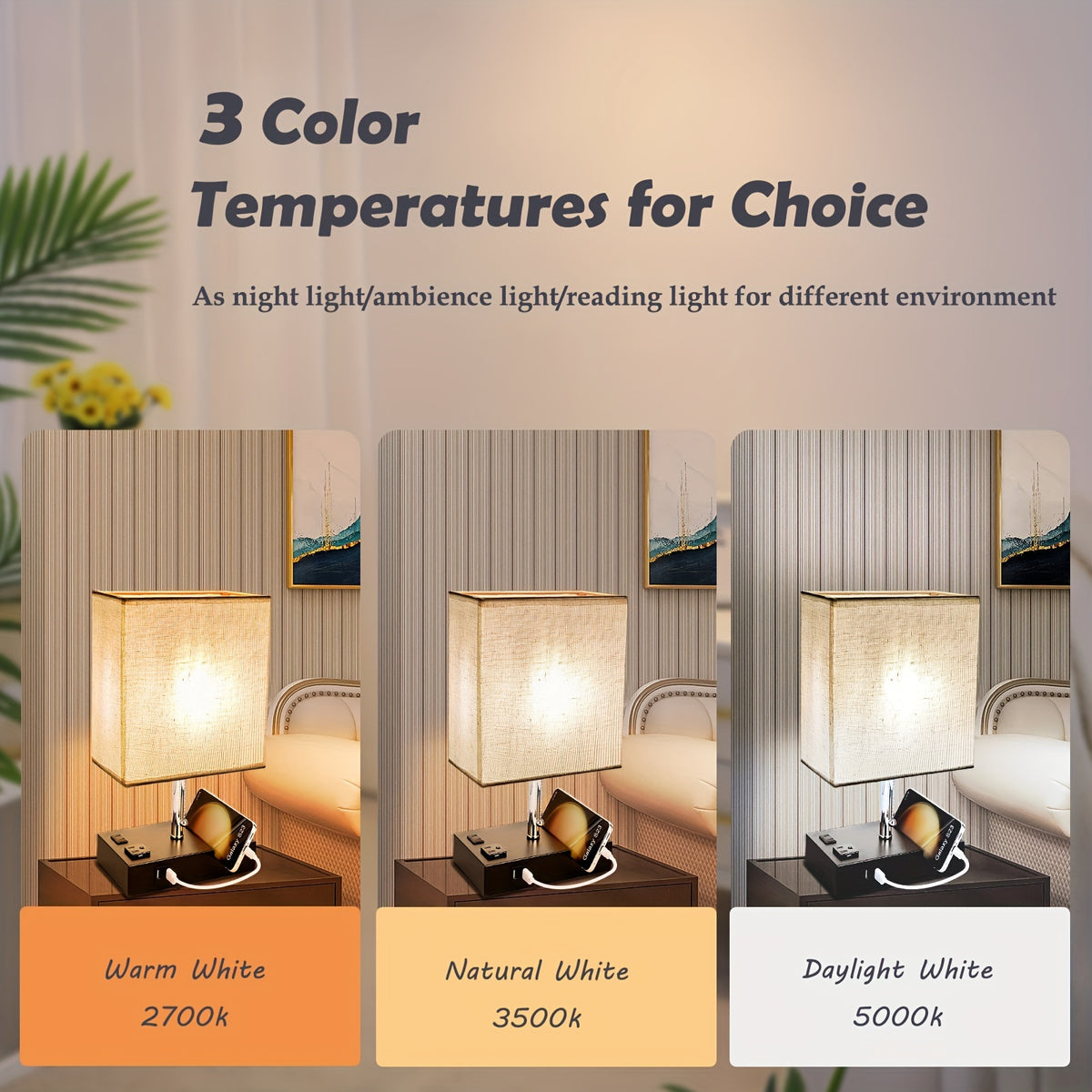 1pc 3-Color Temperature Bedside Lamp, Nightstand Lamp Table Lamp, Desk Lamp With 2 USB And AC Outlet, Bedside Phone Stands For Bedroom, Living Room, Office, LED Bulb Included