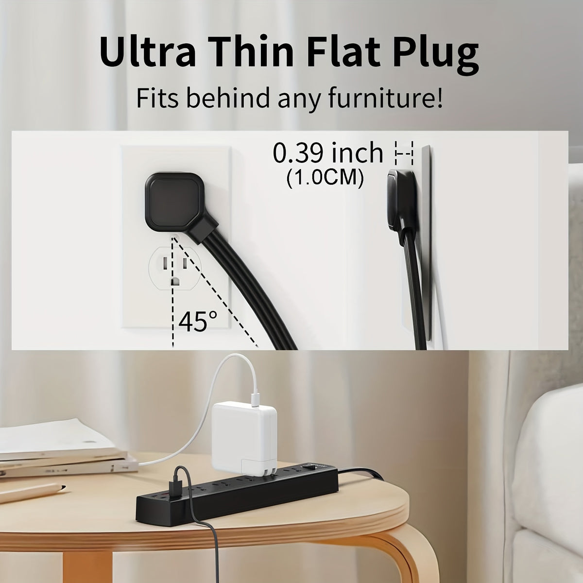 5-Outlet Power Bar Surge Protector With 4 USB Ports (2 USB C), 10 Ft(3m) Ultra Thin Extension Cord, Low Profile Flat Plug, 15 Amp Circuit Breaker, 1700 Joules, Wall Mount For Home Office, Black.