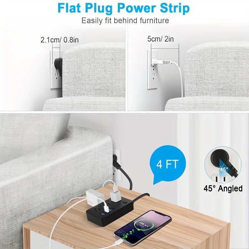 Ultra-Compact Power Strip with Individual Switch, 4 USB Ports (3 USB + 1 Type-C), 1.2m Cord, Universal Wall Mount, Black, 110-130V, US Plug