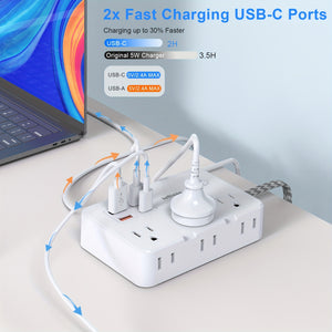 Power Strip Surge Protector - 6 Widely Outlets with 4 USB Ports (2 USB C), 2-Side Outlet Extender Strip, 10 Ft Extension Cord Flat Plug, Wall Mount Small Power Strip for Travel Home Office College Dorm