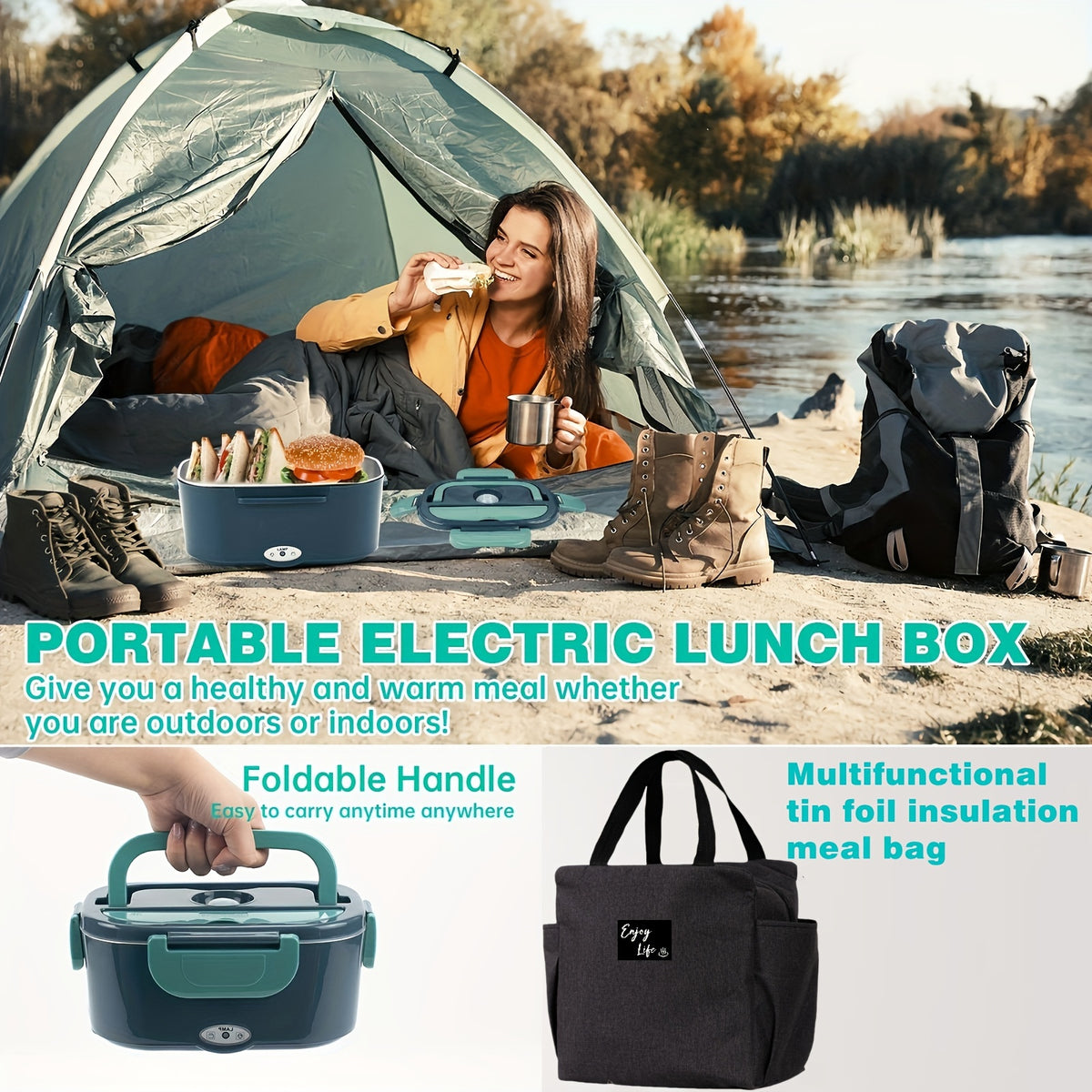 Electric Lunch Box Food Warmer, Portable For Car &amp; Home Leak Proof, Lunch Microwave Bento Box With Stainless Steel Container 50.72 Oz, 110V/12V/24V