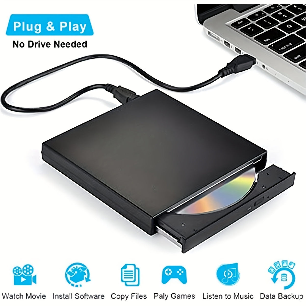 Portable USB 2.0 External CD DVD Drive - Slim CD-RW Drive with DVD-RW Burner, Writer, and Player for Laptop, Notebook, PC, and Desktop Computer - Plug and Play, High-Speed Data Transfer, and Compatible with Windows and Mac