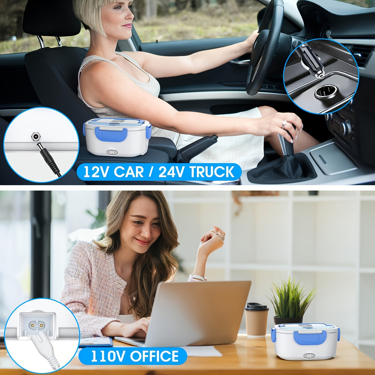 Electric Lunch Box, 12V 24V &amp; 110V 2 In 1 For Car/Truck And Work Heat Lunch Box Stainless Steel Portable Food Warmer Heater-Spoon