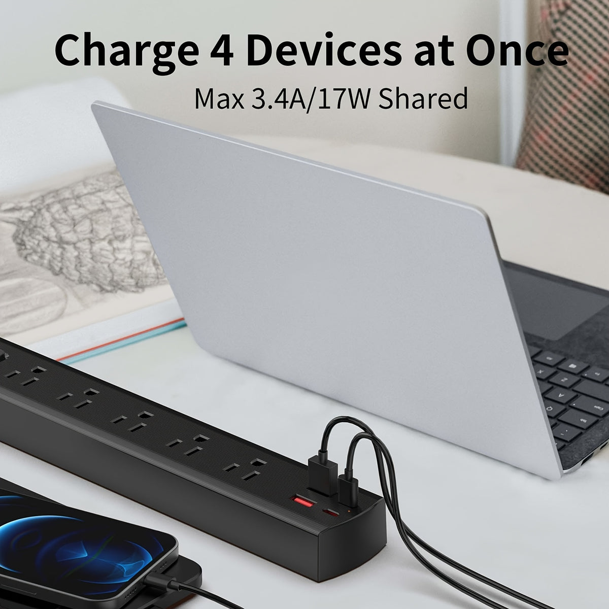 5-Outlet Power Bar Surge Protector With 4 USB Ports (2 USB C), 10 Ft(3m) Ultra Thin Extension Cord, Low Profile Flat Plug, 15 Amp Circuit Breaker, 1700 Joules, Wall Mount For Home Office, Black.