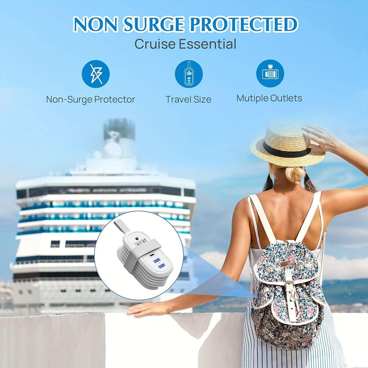 BEVA 4FT Travel Power Strip With USB C Ports, Non Surge Protector Small Power Strip With Flat Plug Travel Extension Cord, 2* Outlets 3* USB Ports(1* USB C), Travel Cruise Essentials(White 3.4A)