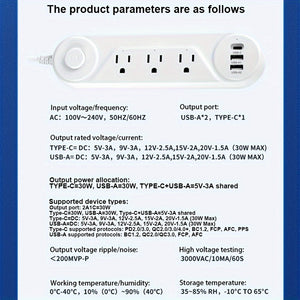 US Plug, Flat Power Socket, 3 Plugs/2 USB Interfaces/1 Type-C, Compatible With Full Range, Power: 1250W