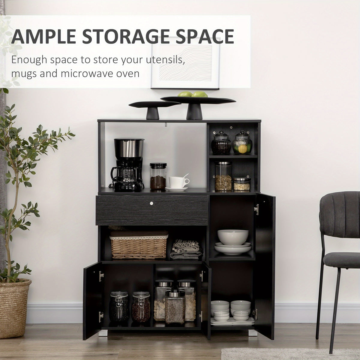 HOMCOM Compact Kitchen Pantry Buffet Server Hutch Storage Cabinet with Microwave Oven Stand Drawer and Shelves, Black