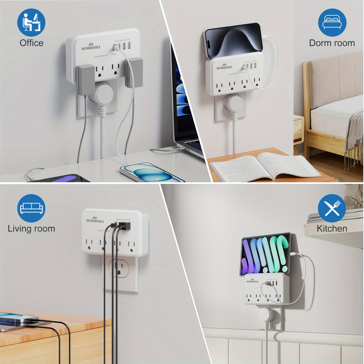 1080J Surge Protector Multi-Plug Outlet Extender – NEWBOSLI 3-Prong Wall Adapter With 4 AC Outlets &amp; 4 USB Ports (1 USB-C), Power Strip With Phone Holder, Ideal For Offices, Hotels, Bathrooms, And Living Rooms