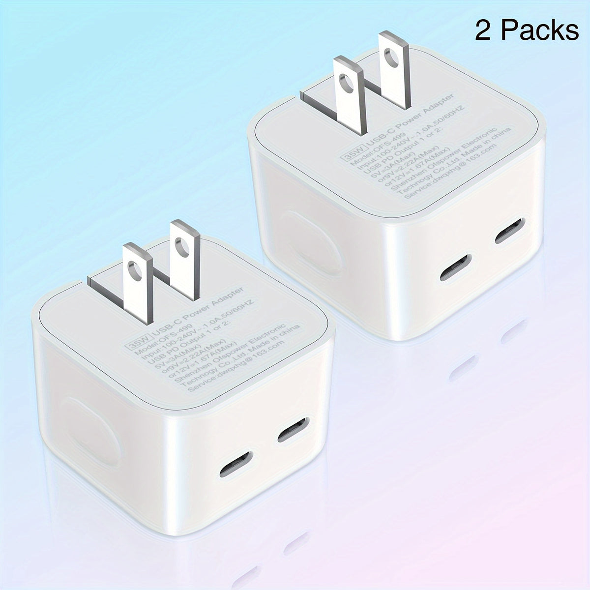 2-Pack Compact Dual USB-C Port Power Adapter - Fast Foldable Wall Charger with C to C Cable - Compatible with iPhone 14 Pro Max/14 Pro/iPhone 13/12/11, iPad, and More