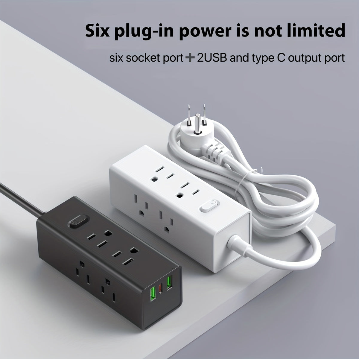 small and compact Black/white power strip, 3.9ft extension cord with 6 AC power outlets and 2 USB and 1 Type-C ports with flat corner plugs, convenient for travel, suitable for home/office