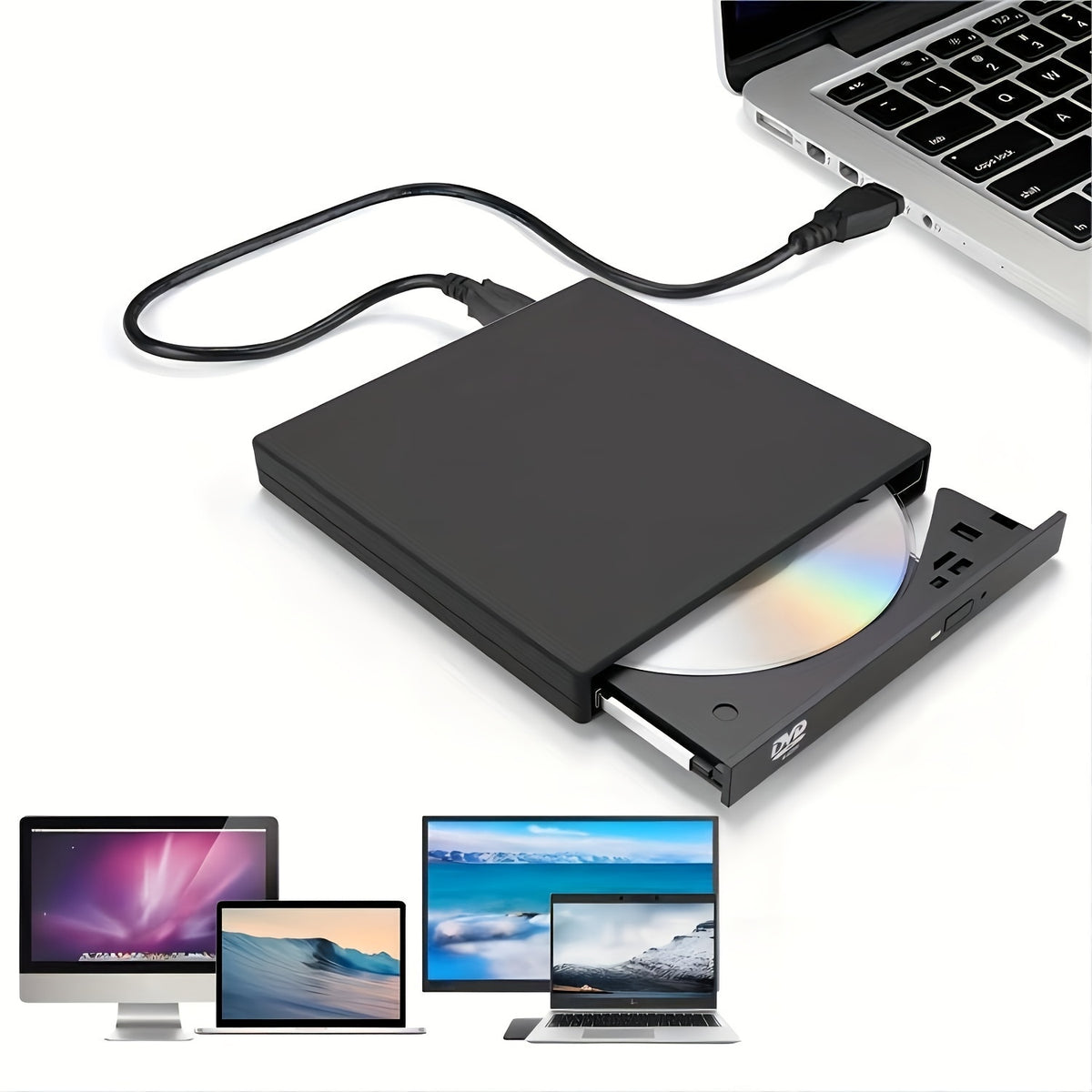 Portable USB 2.0 External CD DVD Drive - Slim CD-RW Drive with DVD-RW Burner, Writer, and Player for Laptop, Notebook, PC, and Desktop Computer - Plug and Play, High-Speed Data Transfer, and Compatible with Windows and Mac