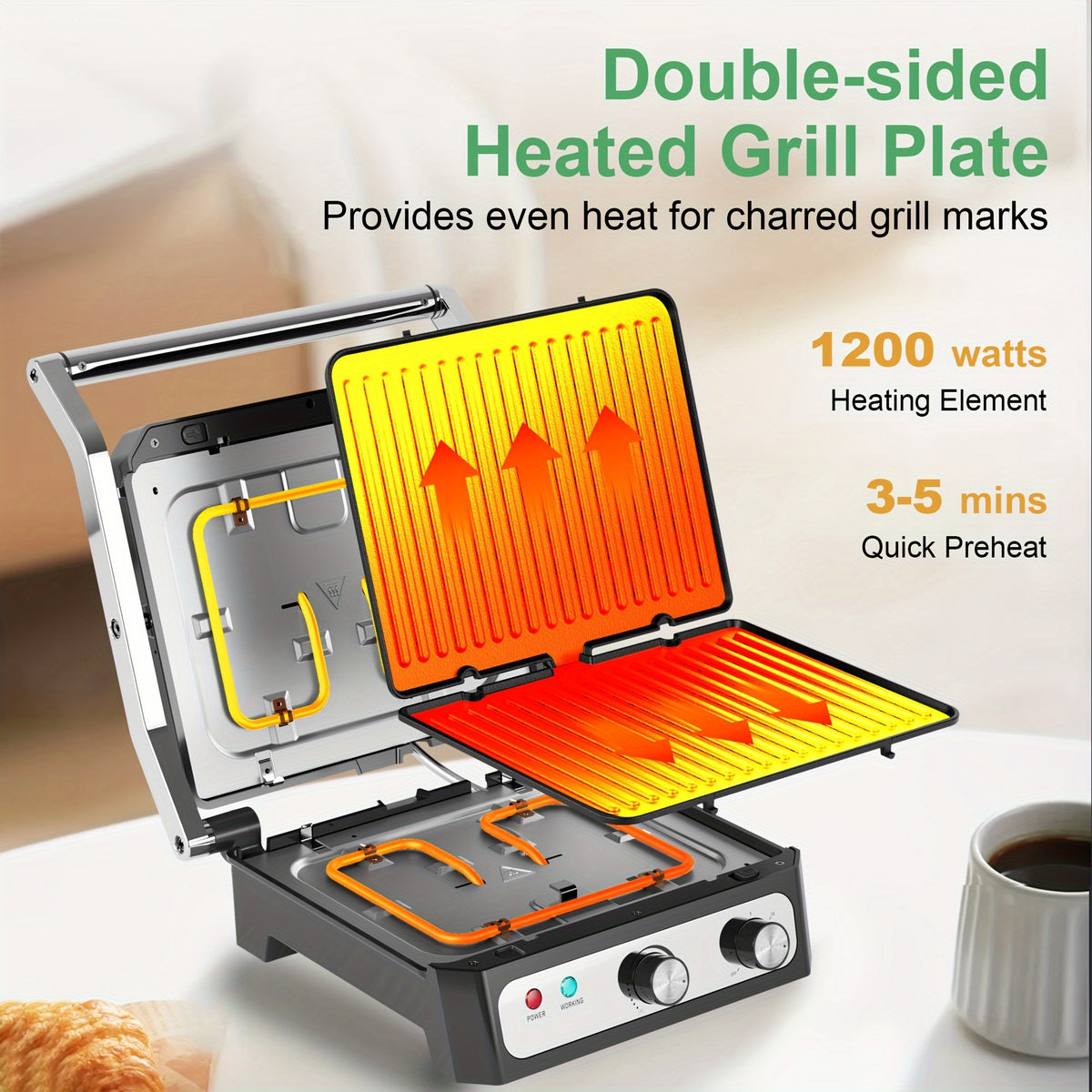 CACHOO Electric Panini Press Sandwich Maker, 1500W Indoor Grill with Non-Stick Coated Plates, Temperature Control &amp; Removable Drip Tray, Opens 180 Degrees to Fit Any Type/Size of Food