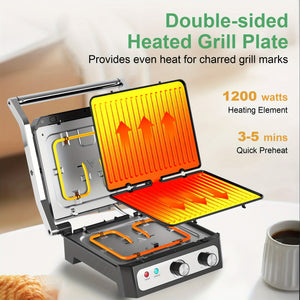 CACHOO Electric Panini Press Sandwich Maker, 1500W Indoor Grill with Non-Stick Coated Plates, Temperature Control & Removable Drip Tray, Opens 180 Degrees to Fit Any Type/Size of Food