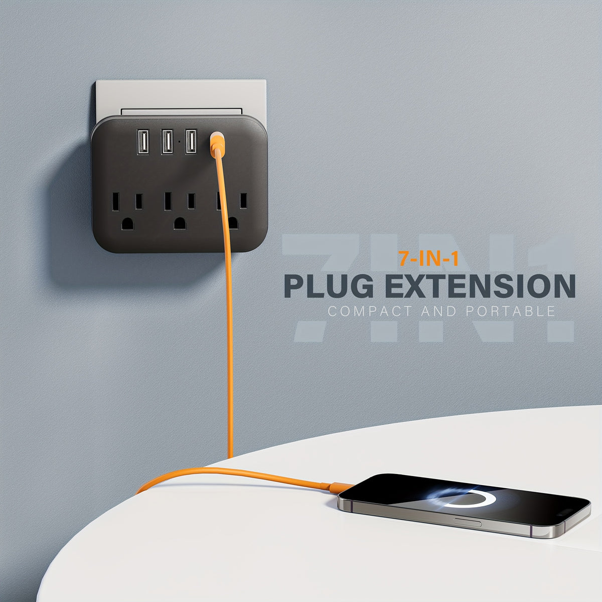 1pc Multi-outlet Power Extender With USB. Electrical Wall Outlet Splitter With 4 USB Ports (1-USB C) And 3 Outlets. Wall Charger Adapter Power Strip For Office, Bedside And Travel.