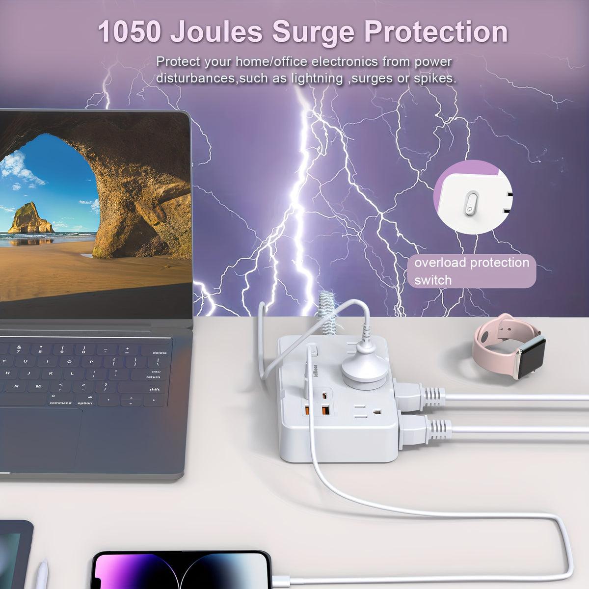 Flat Plug Power Strip Surge Protector - 6 Standard Outlets, 4 USB Charger (2 USB C), 5 Ft Braided Extension Cord, Rectangle, Mountable with On/Off Switch, 110V-130V, US Plug, Wall Mount for Office, School, Dorm, White