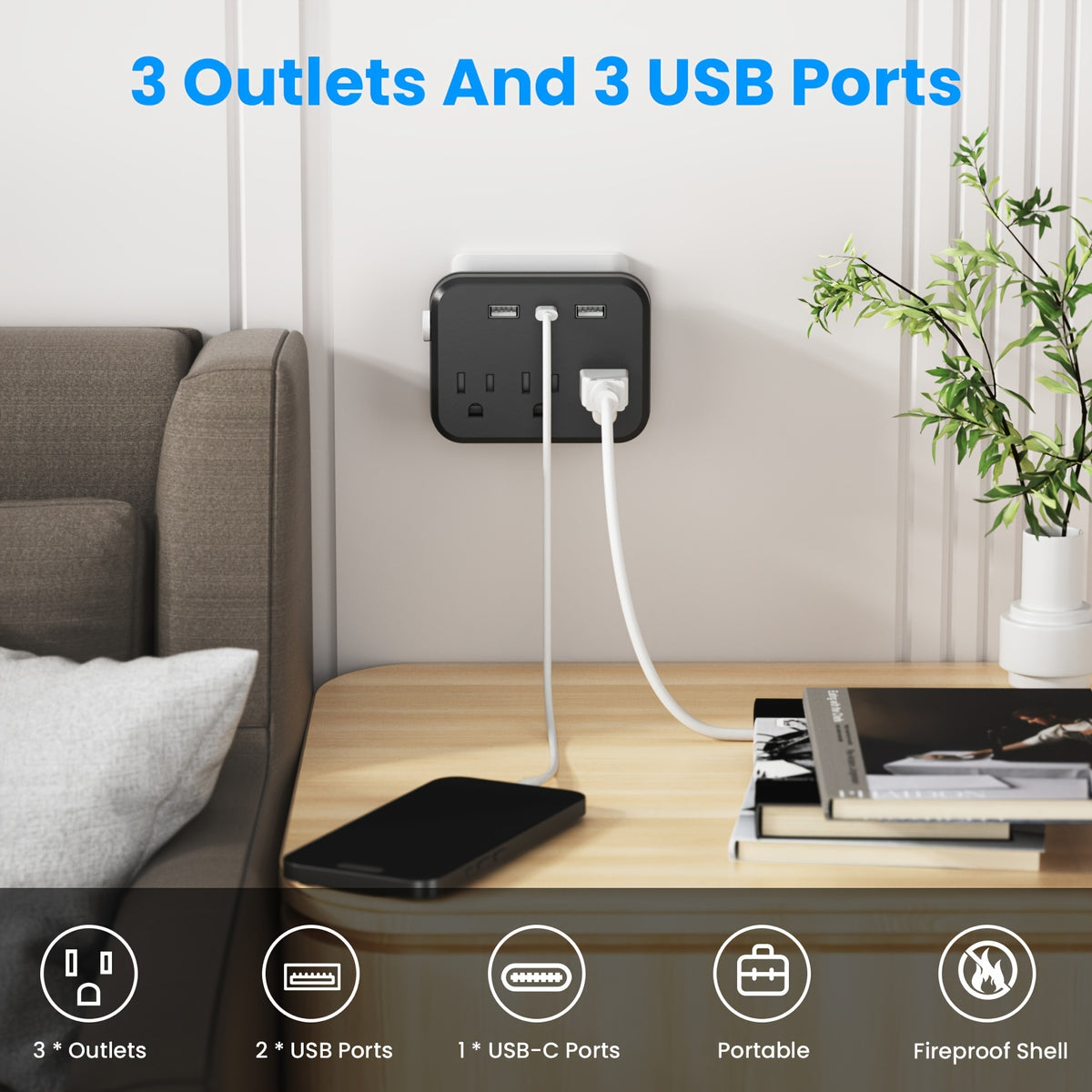 6-in-1 Portable Power Adapter - Compact and Convenient with 3 Sockets, 2 USB, and 1 Type-C Port, Surge Protector Switch, Durable and Sturdy for Business Trips and Everyday Use at Home or Office