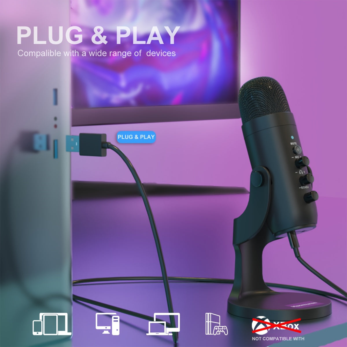 USB Microphone, Condenser Computer PC Mic, Plug&amp;Play Gaming Microphones for PS 4&amp;5.Headphone Output&amp;Volume Control, Mic Gain Control, Mute Button for Vocal, YouTube Podcast on Mac&amp;Windows (Black) Eid Al-Adha Mubarak