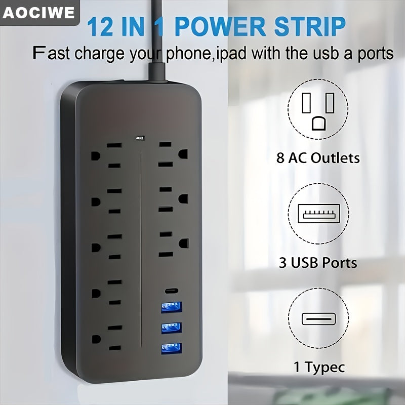Black/White Power Strip, Surge Protector With 8 AC Outlets And 3 USB And 1 Type-C Port, Flat Plug With Angle