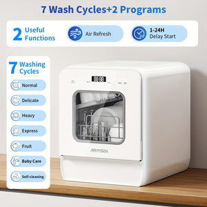 AIRMSEN 9 Programs Portable Countertop Dishwasher With 5L Built-in Water Tank, 14.6" Wide Mini Dishwasher Upgrade Self-cleaning Washing, 24H Delay Start And Energy-saving, For Apartments & RVs, White
