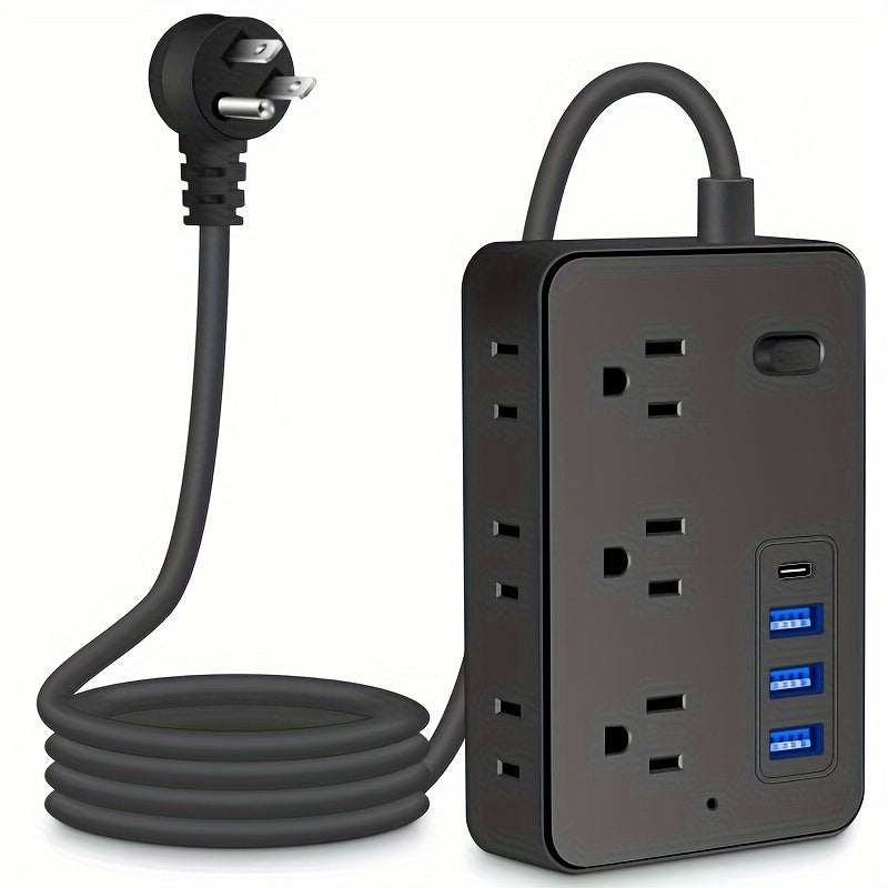 Ultra-Compact Power Strip with Individual Switch, 4 USB Ports (3 USB + 1 Type-C), 1.2m Cord, Universal Wall Mount, Black, 110-130V, US Plug