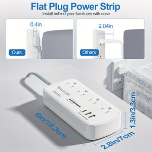 Flat Plug Surge Protector Power Strip, 5 Ft Braided Flat Extension Cord With 3 USB Charger (1 USB C), 8 AC Outlets Compact Desk Charging Station Wall Mount For Office, School, Dorm