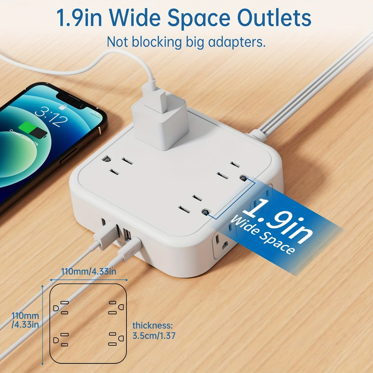 USB Charger Surge Protector 12 Outlet Extender with 4 USB Charging Ports (2 USB C Outlet) 3 Sided 1800J Power Strip Multi Plug Outlet Extender for Home Travel Office ETL Listed