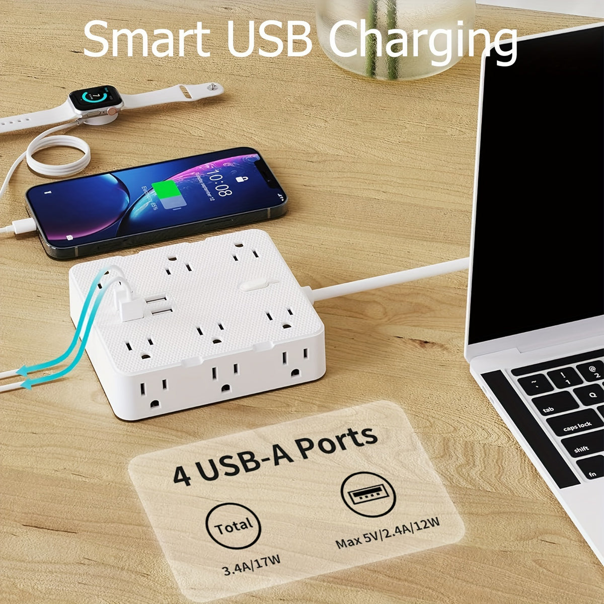 Power Bar Surge Protector - 5 ft Flat Plug Extension Cord with 4 USB Ports, 2100 Joules, Wall Mount, Desk Charging Station for Home Office Dorm, White