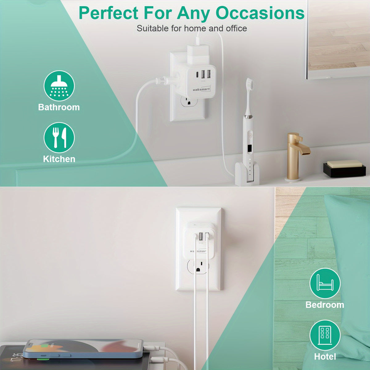 Multi Plug Outlet Extender 3 USB Ports (1 USB-C) 3 AC Outlets, Waksmart Wall Outlet Splitter, USB Wall Charger For Home, Office, Dorm, Travel Essentials, 15A/1875W ETL Listed
