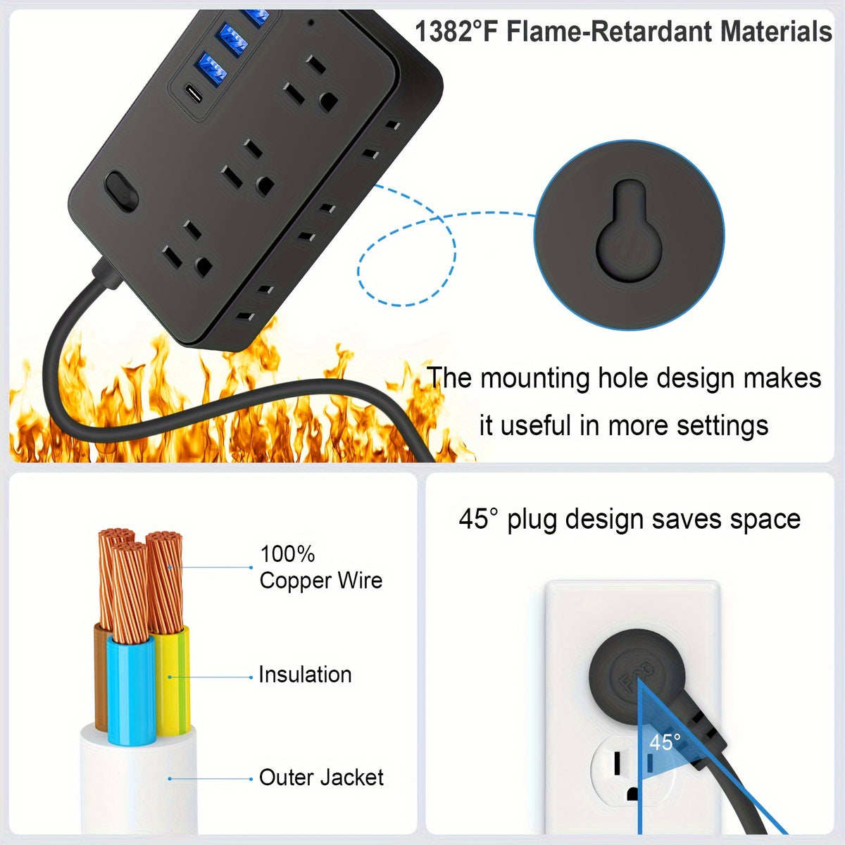 Ultra-Compact Power Strip with Individual Switch, 4 USB Ports (3 USB + 1 Type-C), 1.2m Cord, Universal Wall Mount, Black, 110-130V, US Plug