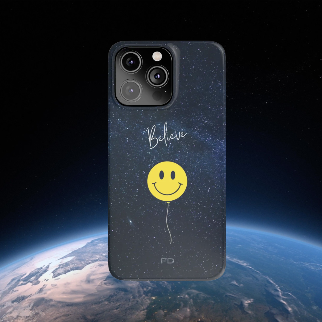 Smiley Face In Space Believe Slim Case for iPhone 14 Series - Stereotech