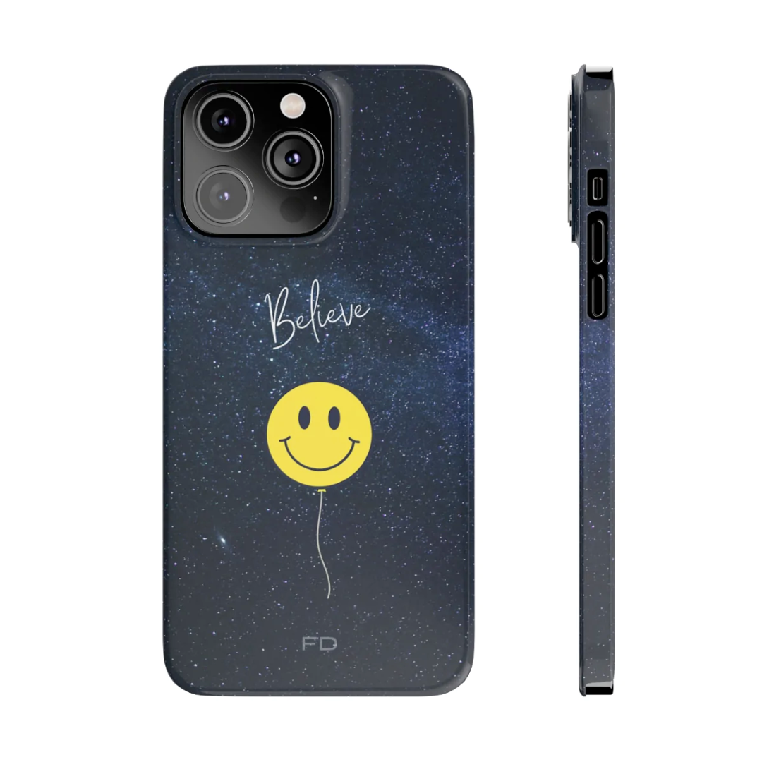 Smiley Face In Space Believe Slim Case for iPhone 14 Series - Stereotech