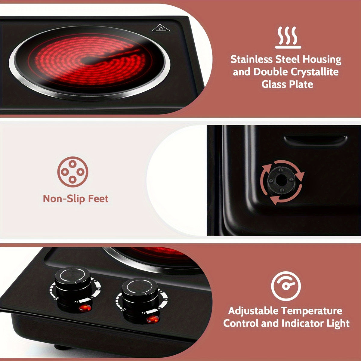 Cusimax 1800W Infrared Ceramic Electric Hot Plate For Cooking, Portable Countertop Burner Glass Heating Plate With 2 Knob Control, Stainless Steel Electric Stove, Easy To Clean
