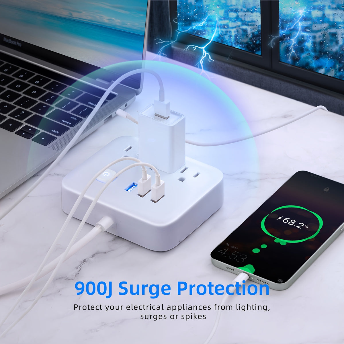 1pc Power Strip, Power Strip Surge Protector, 3 AC Outlets 3 USB 1 Power Button, Flat Plug, Desktop Charging Station With Overload Protection, For Home, Office, Travel, Computer, Black White