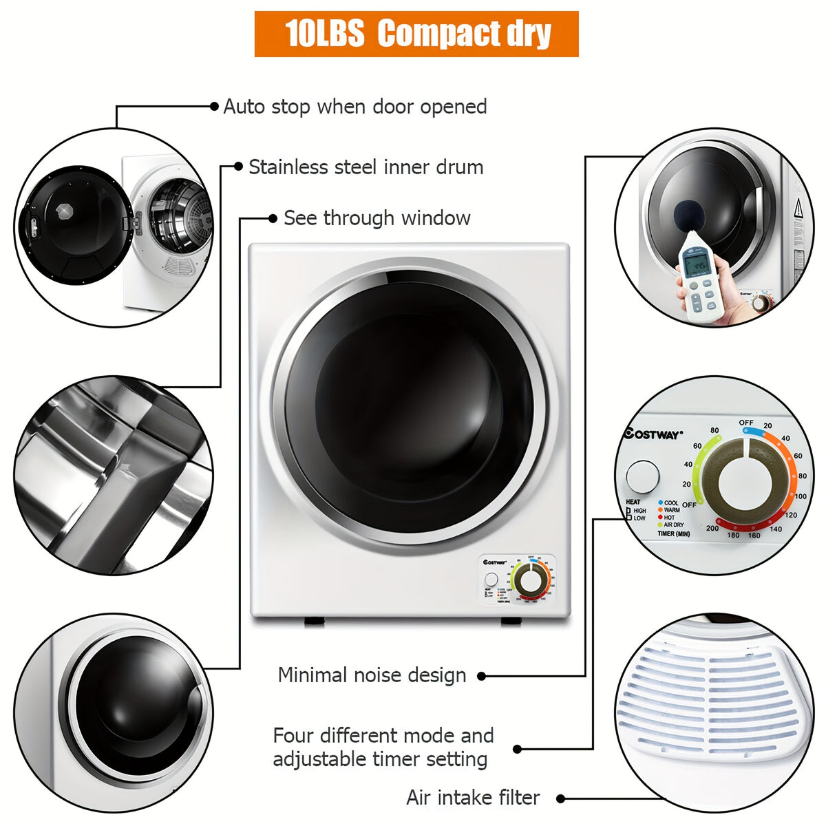 Electric Tumble Compact Cloth Dryer Stainless Steel Wall Mounted 1.5 cu.ft
